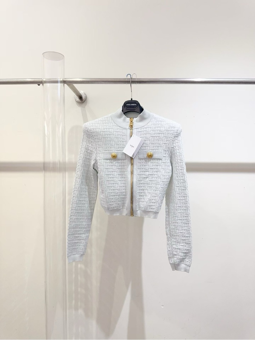 Balmain White Cropped Textured Zip Jacket with Gold Buttons
